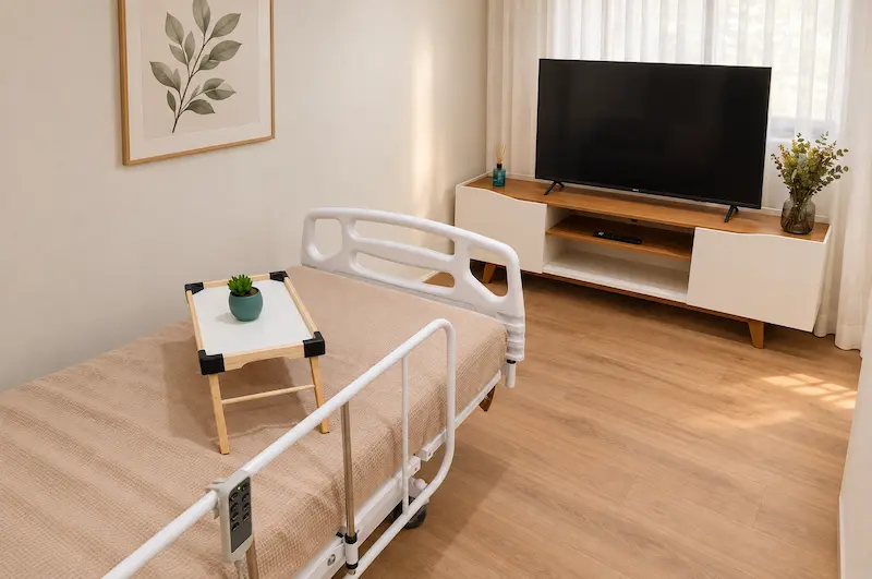 Quarto privativo decorado com leito hospitalar, piso amadeirado e cortina, estruturado para desospitalização e pós-operatório no Residencial Garden Ville