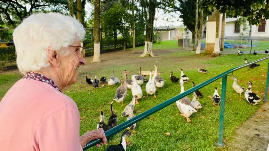 Idoso com animais no bosque do Residencial Garden Ville, clínica de transição na Zona Norte de São Paulo